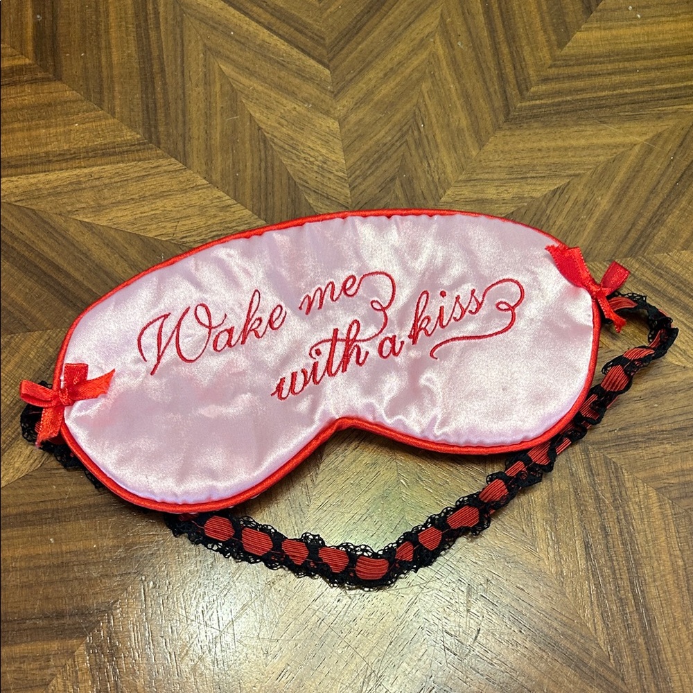 Pink Satin Sleep Mask with Red Trim and Black Lace